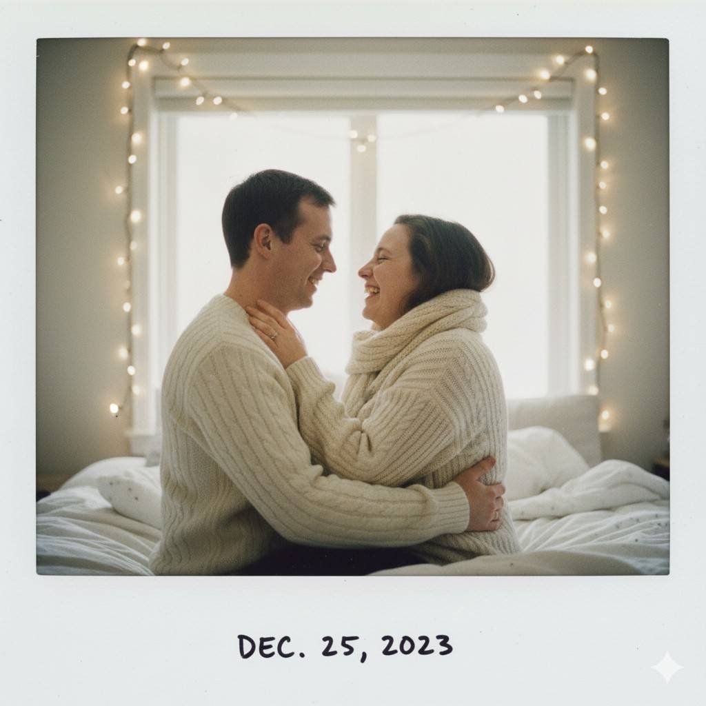 A romantic couple portrait in a cozy, dimly lit bedroom, generated with a Gemini AI prompt to create a nostalgic, candid moment.