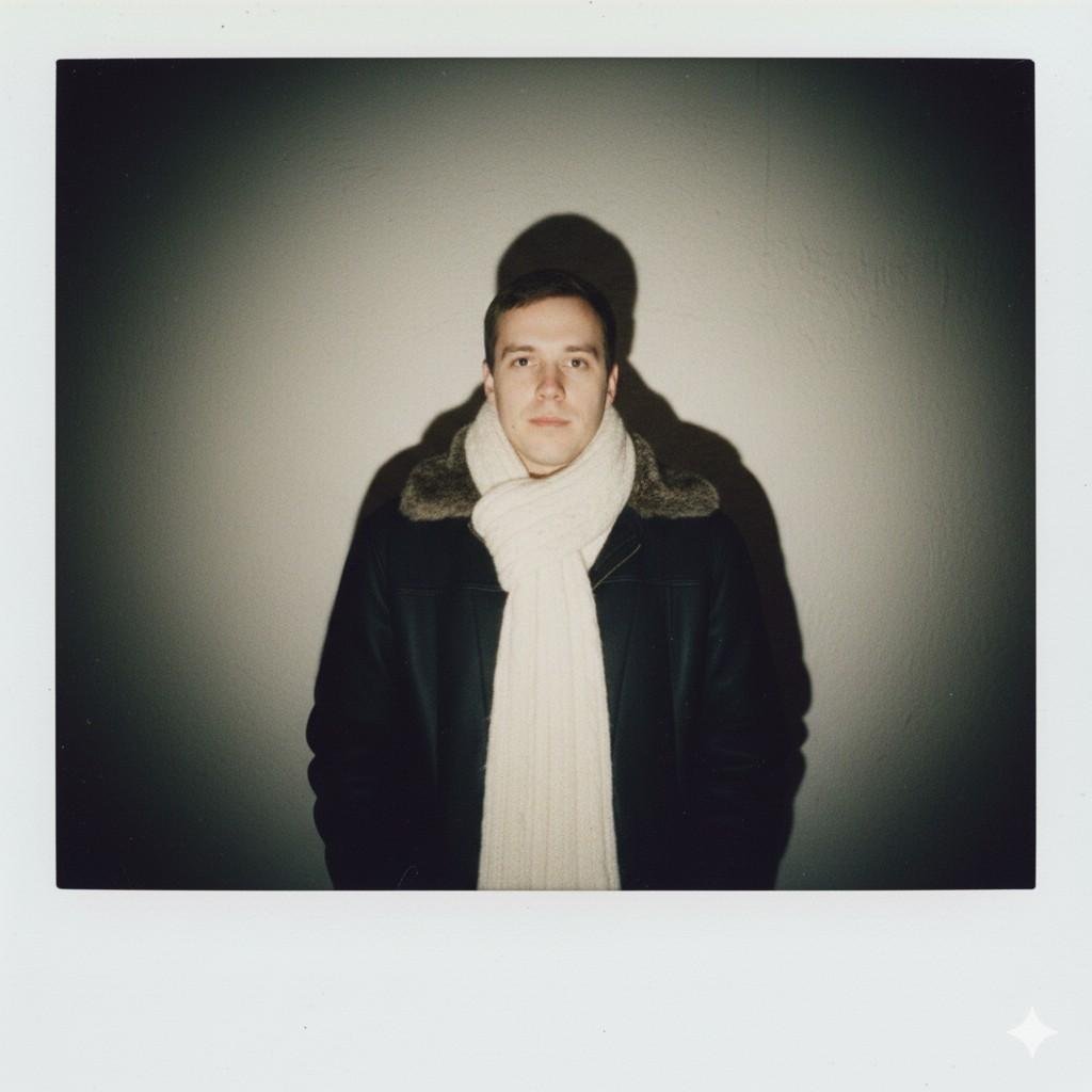 A powerful solo portrait of a man with a harsh camera flash, created with a Gemini AI prompt to achieve a high-contrast, moody aesthetic.