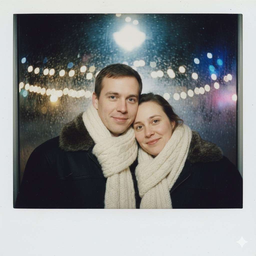 An intimate couple photo created with a prompt for Gemini AI, featuring a soft-focus bokeh effect and a realistic Polaroid frame.